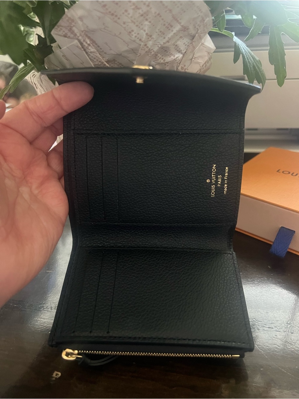 Louis Vuitton Black Leather Compact Card Holder Wallet with Gold Hardware